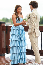 Modest Satin A-Line Strapless Beaded Tiered Party Prom Dress