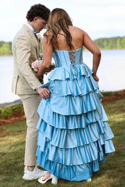 Modest Satin A-Line Strapless Beaded Tiered Party Prom Dress