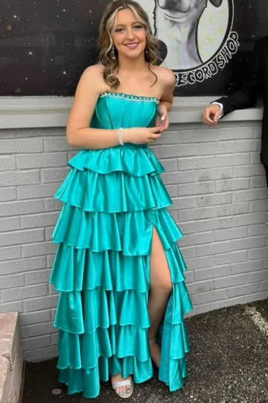 Modest Satin A-Line Strapless Beaded Tiered Party Prom Dress