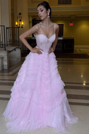 Sweetheart Beaded Straps Tiered Tulle A-Line Party Prom Dress