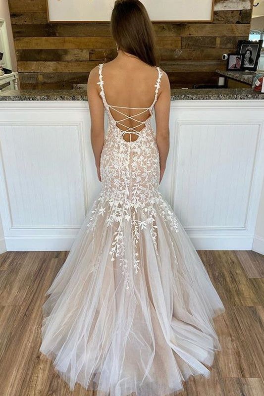 Mermaid Bateau Sleeveless Lace Up Lace Wedding Dress