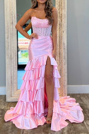 Bateau Strapless Appliques Tiered Formal Party Dress