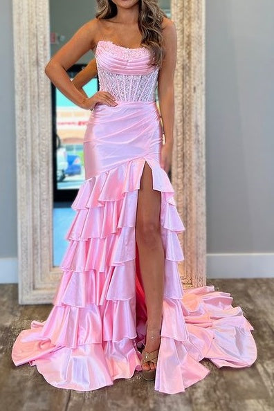 Bateau Strapless Appliques Tiered Formal Party Dress