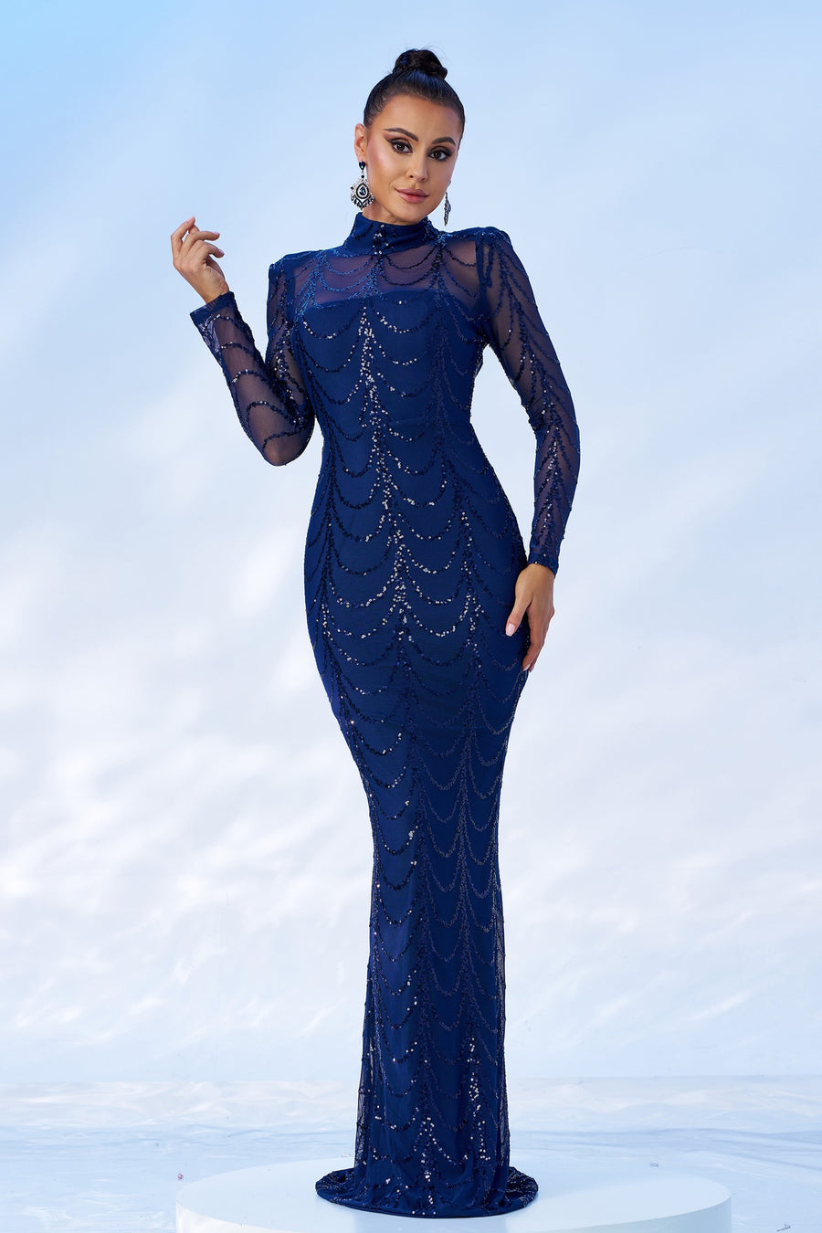 Mermaid High Neck Long Sleeves Empire Party Evening Dress