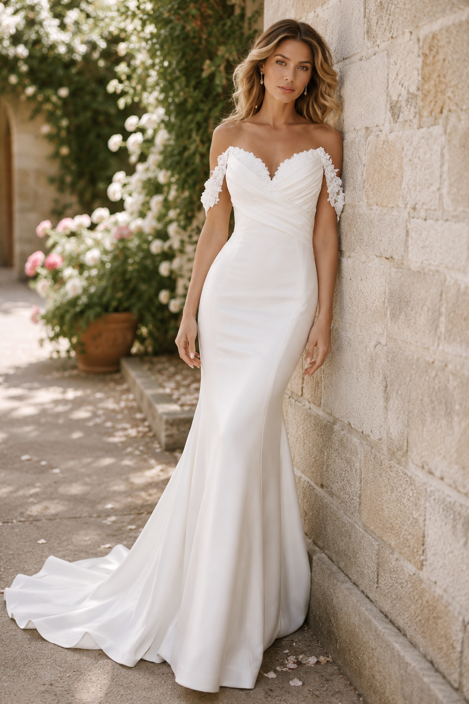 Mermaid Lace Floral Off-Shoulder Satin Wedding Dress With Train