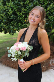 Mermaid Lace V-Neck Halter Open Back Formal Party Prom Dress