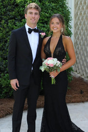 Mermaid Lace V-Neck Halter Open Back Formal Party Prom Dress