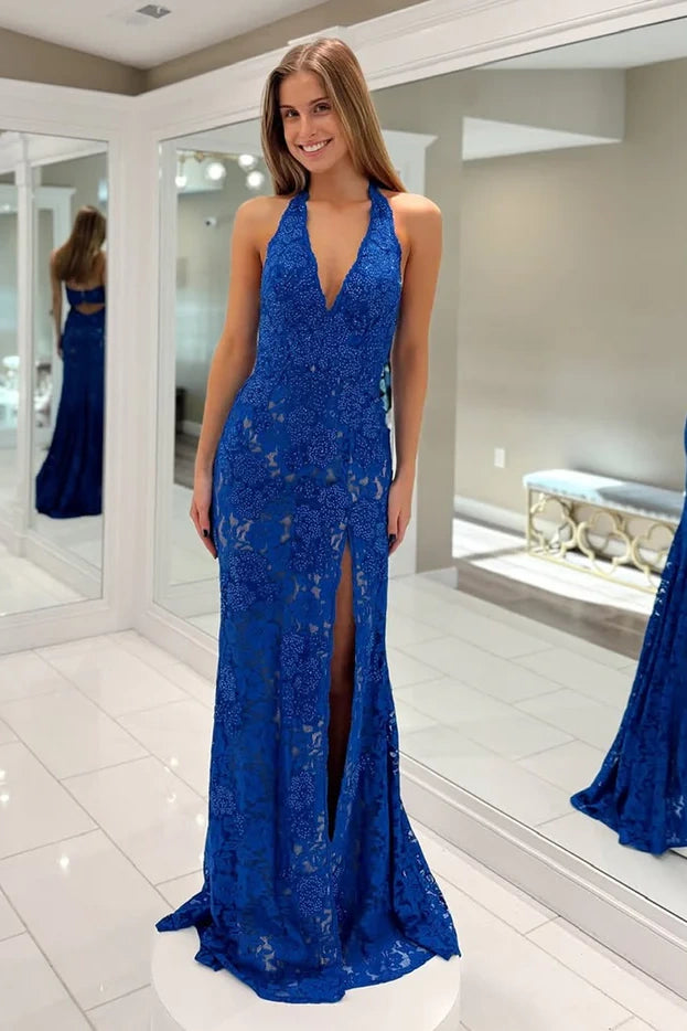 Mermaid Lace V-Neck Halter Party Prom Dress With Slit
