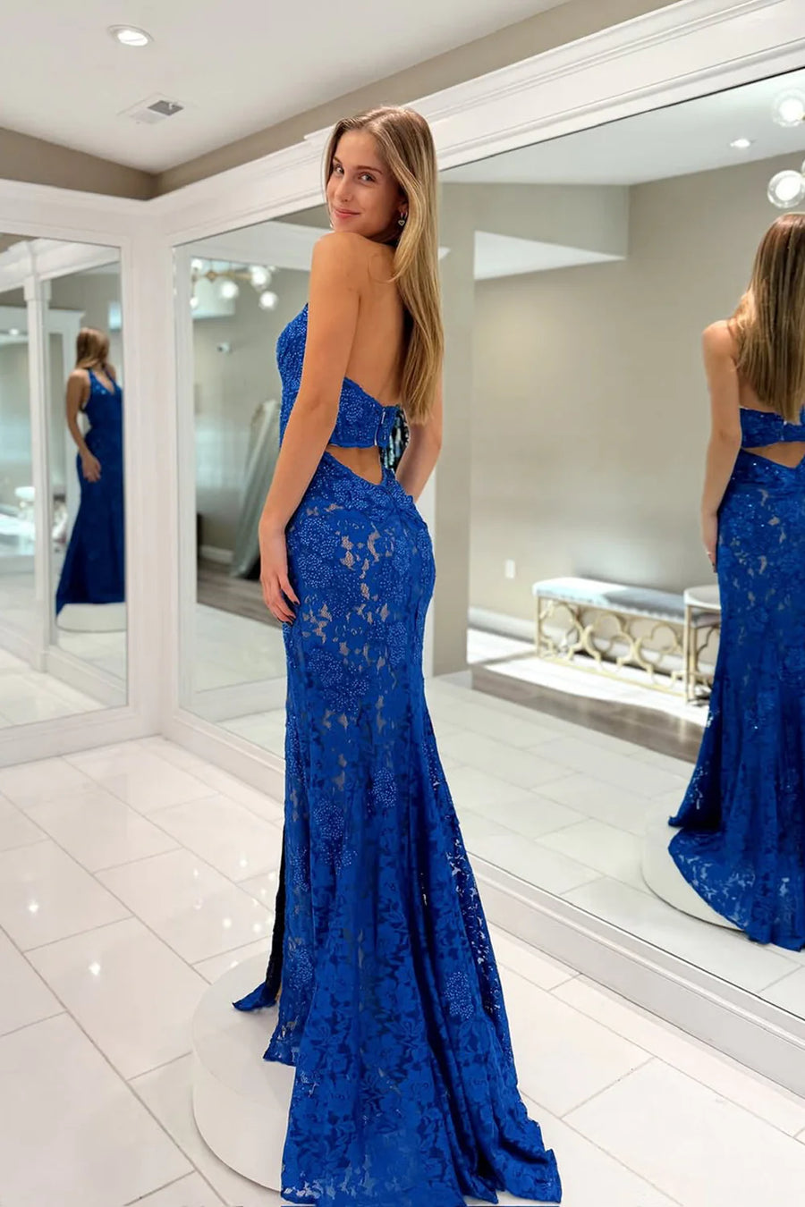 Mermaid Lace V-Neck Halter Party Prom Dress With Slit