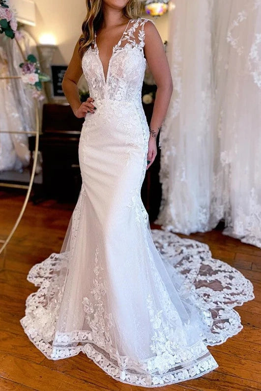 low cut sleeveless wedding dress ZAPAKA Women Simple Ivory Satin Mermaid Wedding Dress V Neck Sleeveless Watteau Train Bridal Dress, Ivory / AU14