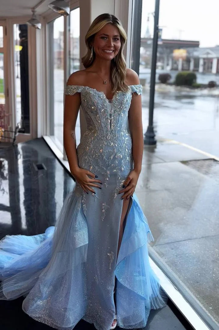 Mermaid Off-Shoulder Appliques Formal Prom Dress With Train