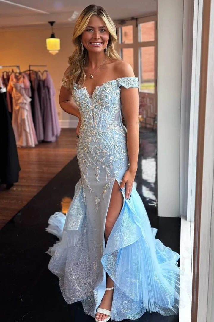 Mermaid Off-Shoulder Appliques Formal Prom Dress With Train