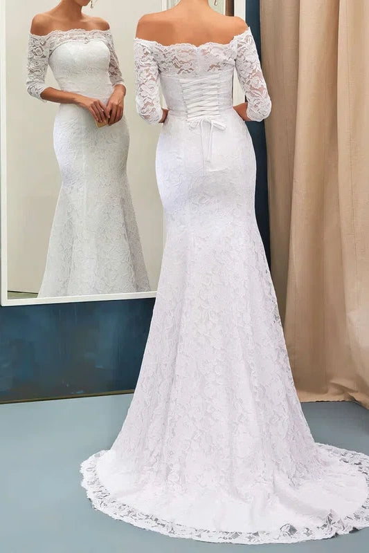 half lace wedding dress June Bridals A-Line Floor-Length Half Sleeve Lace Bateau Neck Tulle Women's Wedding Dress