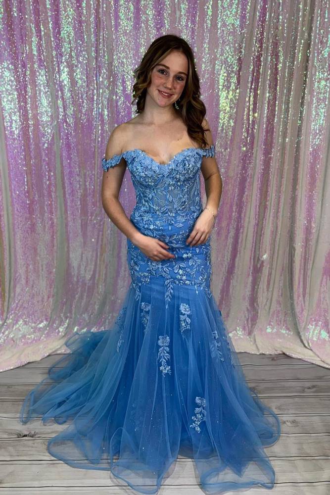 Mermaid Off-Shoulder Lace Appliques Tulle Prom Dress