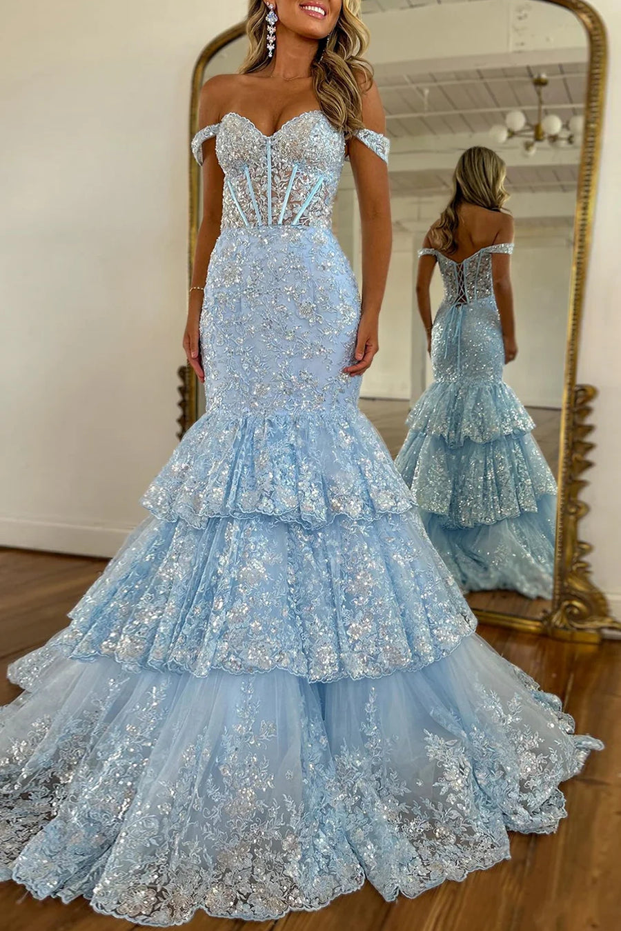 Mermaid Off-Shoulder Lace Tiered Party Prom Dress