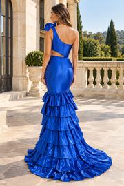 Mermaid One Shoulder Satin Illusion Empire Ruffle Party Prom Dress