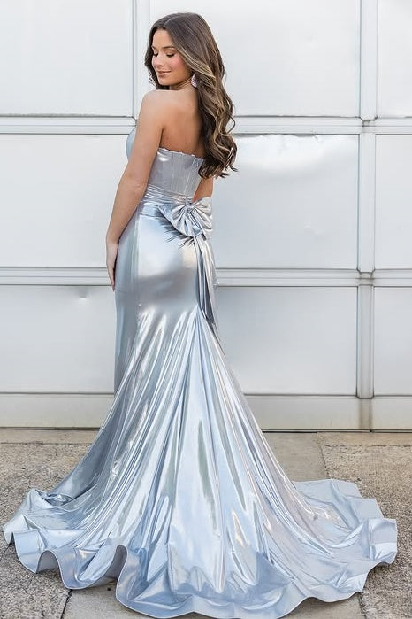 Mermaid Satin Bateau Sleeveless Long Party Prom Dress With Bow