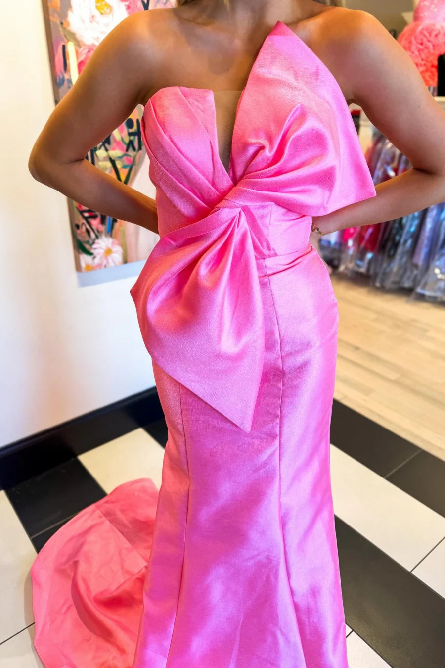Mermaid Satin Empire Strapless Formal Party Prom Dress With Train