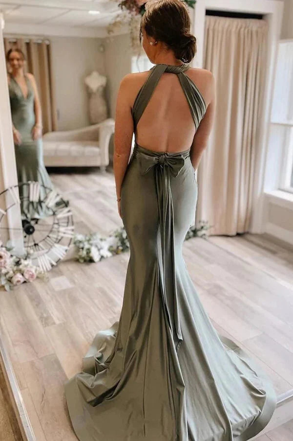 Mermaid Satin Low V-Neck Open Back Bridesmaid Dress