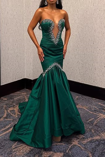 Mermaid Satin Strapless Beaded Long Party Prom Dress