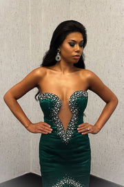 Mermaid Satin Strapless Beaded Long Party Prom Dress