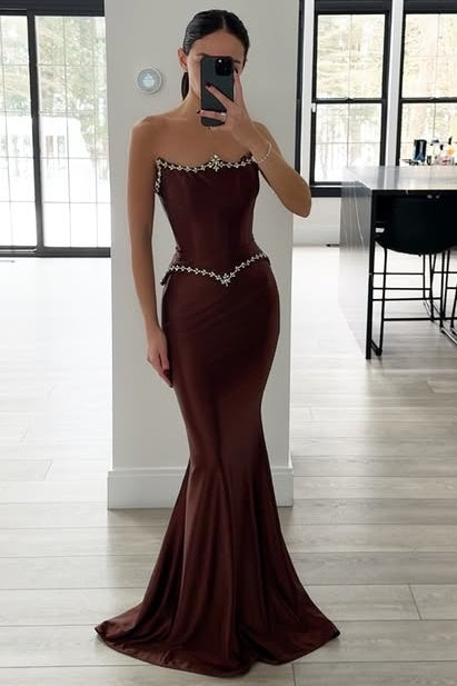 Mermaid Satin Strapless Empire Beaded Party Prom Dress