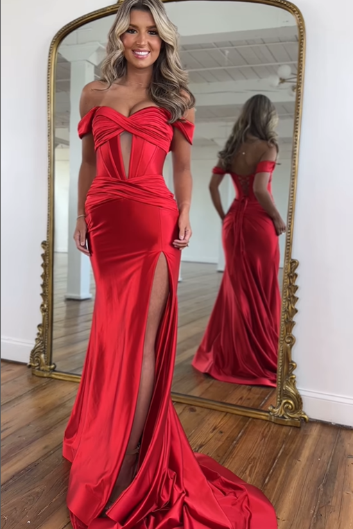 Mermaid Satin Sweetheart Off-Shoulder Ruched Party Prom Dress