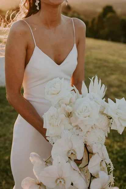 satin v neck mermaid wedding dress Elegant Mermaid V-Neck Elastic Satin Long Wedding Dresses, Diamond White / 18