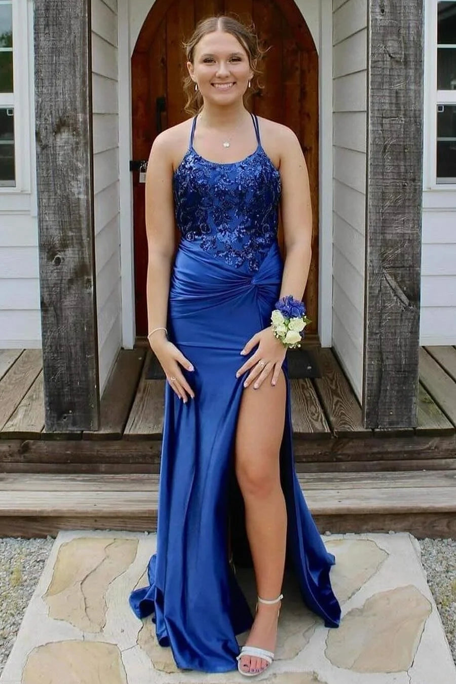 Mermaid Sleeveless Appliques Party Prom Dress With Slit