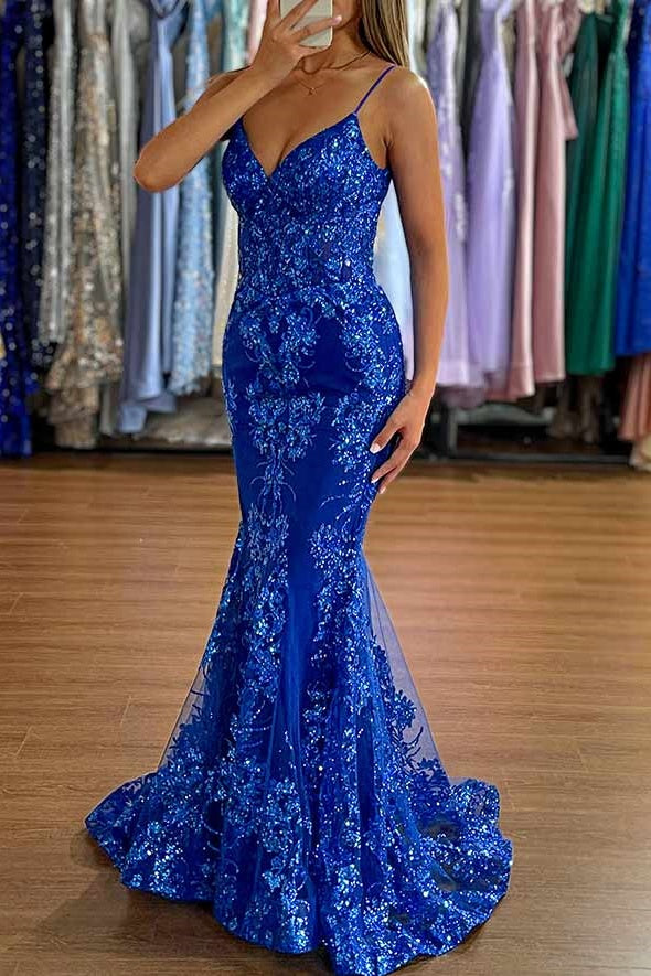 Mermaid Spaghetti Straps Appliques Formal Prom Dress