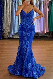 Mermaid Spaghetti Straps Appliques Formal Prom Dress