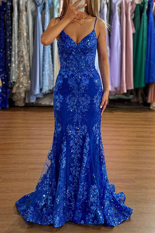 Mermaid Spaghetti Straps Appliques Formal Prom Dress