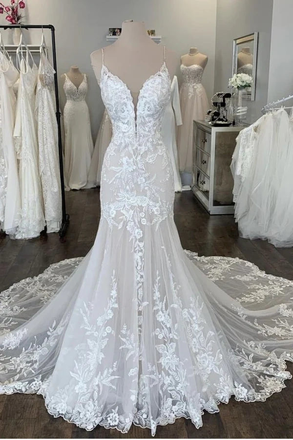 Mermaid Spaghetti Straps Empire Long Lace Wedding Dress