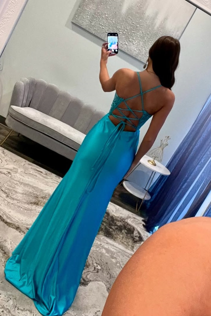 Mermaid Spaghetti Straps Lace Up Appliques Party Prom Dress