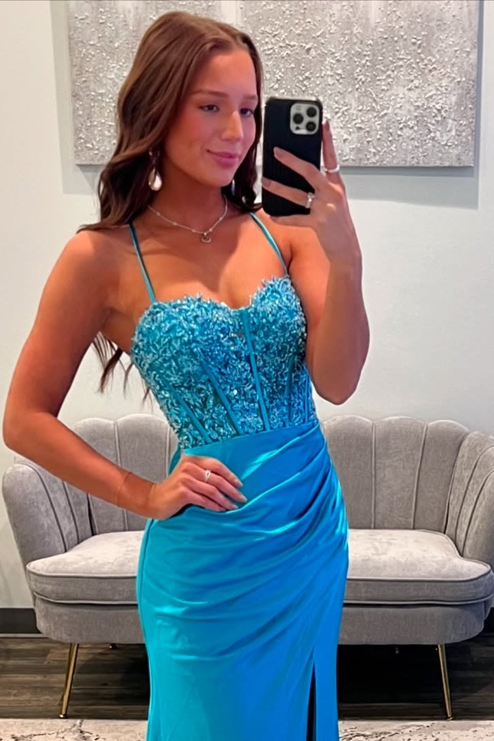 Mermaid Spaghetti Straps Lace Up Appliques Party Prom Dress