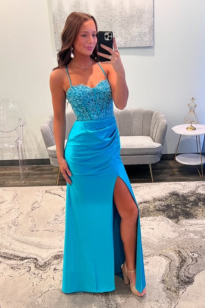 Mermaid Spaghetti Straps Lace Up Appliques Party Prom Dress