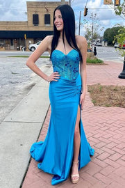 Mermaid Strapless Beaded Formal Party Dress With Slit