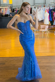 Mermaid Strapless Lace Appliques Formal Prom Dress