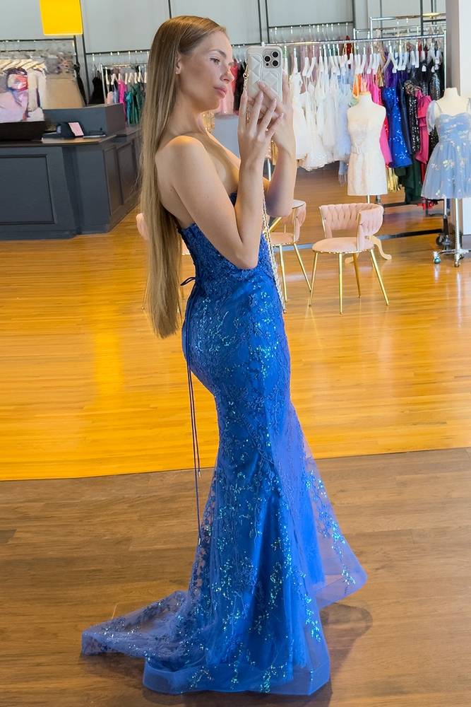 Mermaid Strapless Lace Appliques Formal Prom Dress