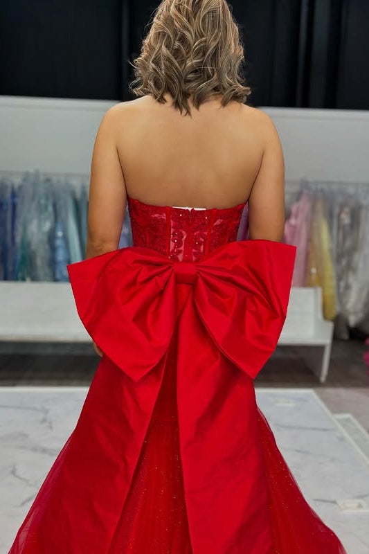 Mermaid Strapless Lace Appliques Party Prom Dress With Bow