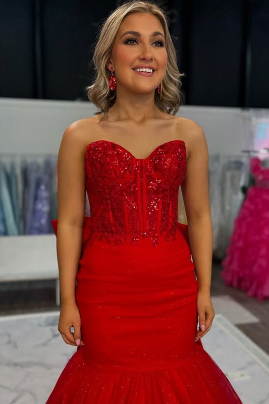 Mermaid Strapless Lace Appliques Party Prom Dress With Bow