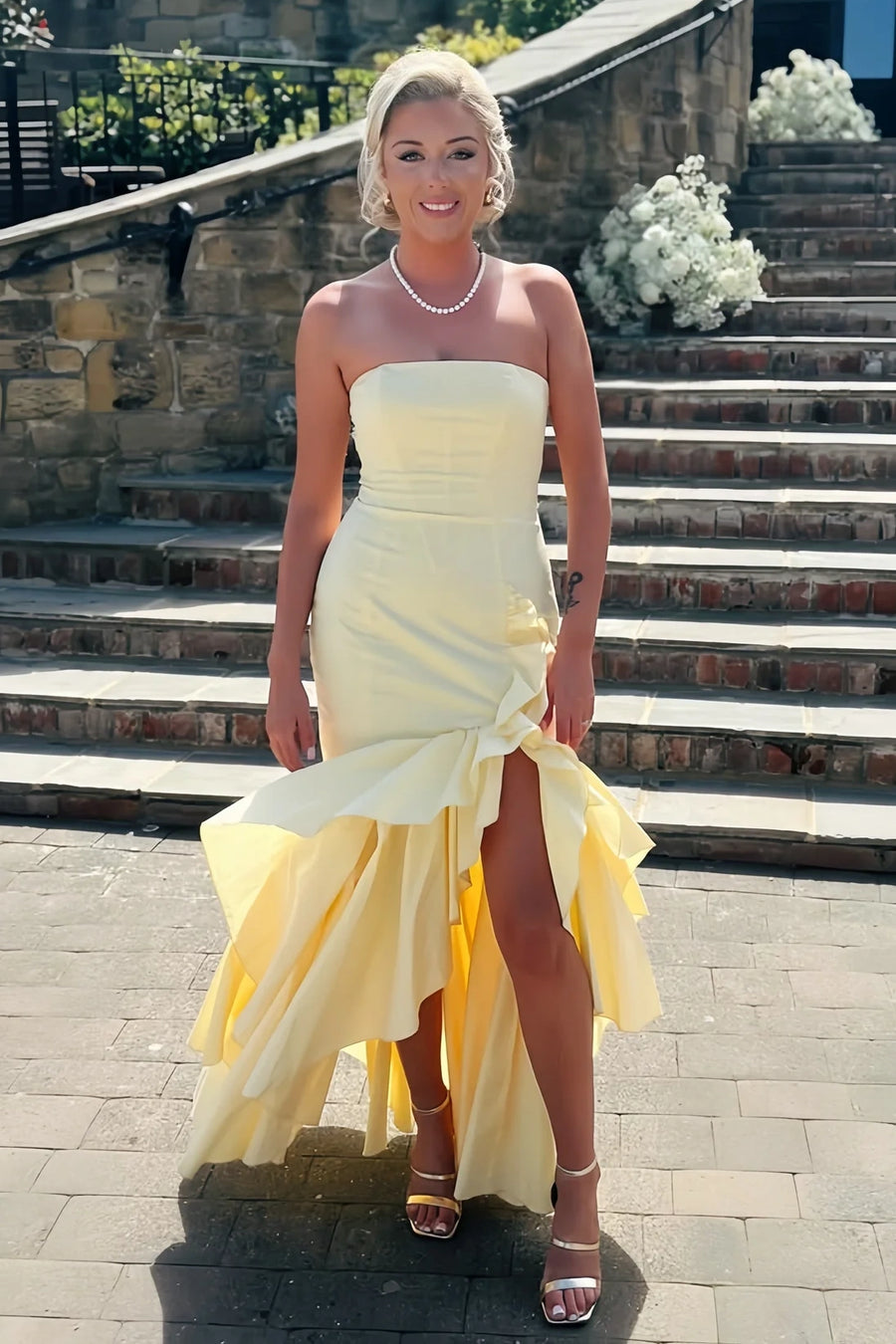 Mermaid Strapless Ruffle Slit Party Prom Dress