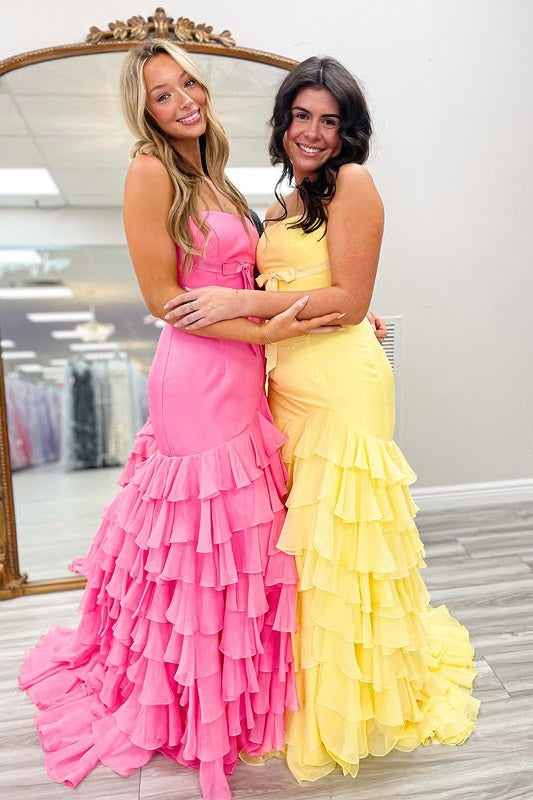 Mermaid Strapless Satin And Chiffon Tiered Prom Party Dress