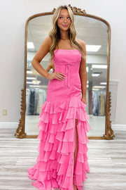 Mermaid Strapless Satin And Chiffon Tiered Prom Party Dress