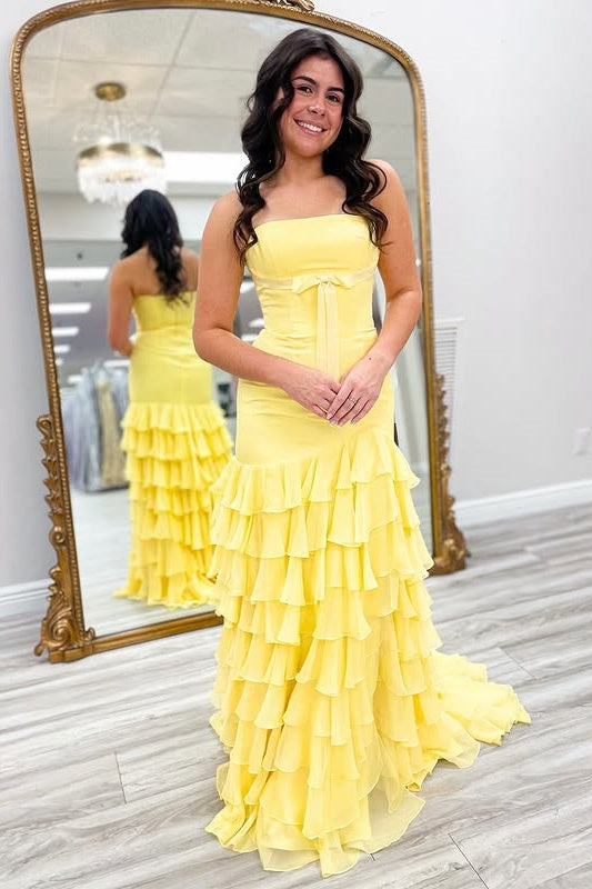 Mermaid Strapless Satin And Chiffon Tiered Prom Party Dress