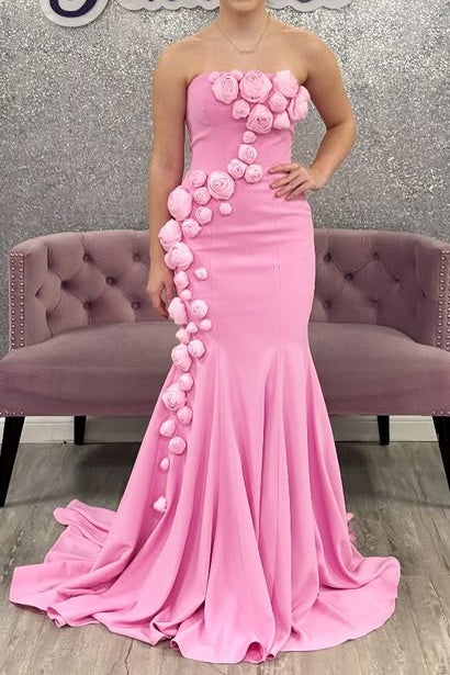 Mermaid Strapless Satin Prom Party Dress With 3D Florals