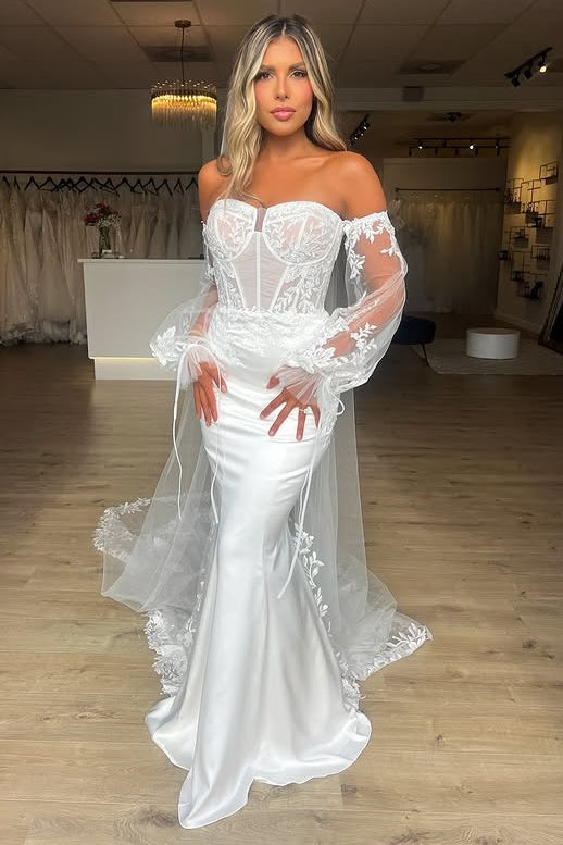 Mermaid Sweetheart Long Sleeves Chic Beach Wedding Dress White / US 16 Mermaid Sweetheart Long Sleeves Chic Beach Wedding Dress White / US 16