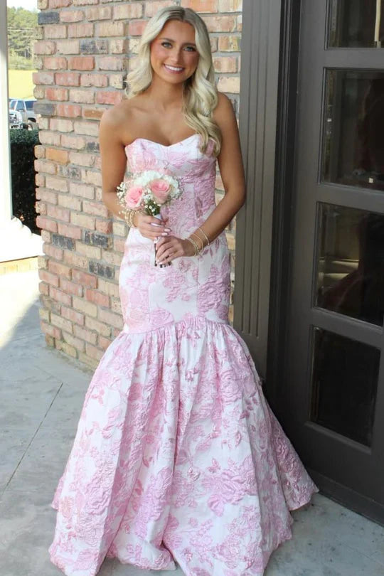 Mermaid Sweetheart Strapless Floral Satin Formal Party Prom Dress