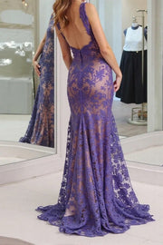 Mermaid V-Neck Backless Lace Party Prom Dress With Train