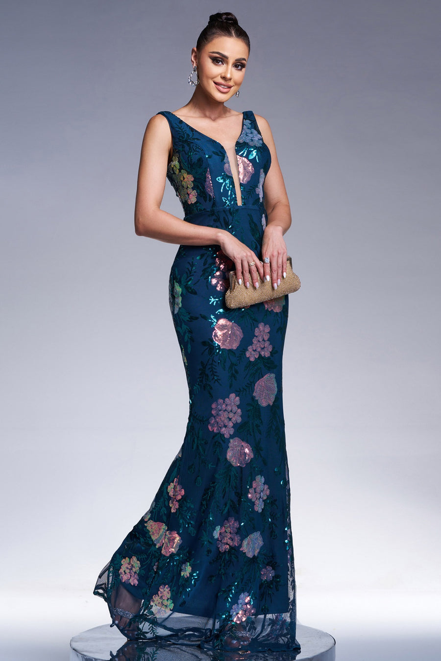 Mermaid V-Neck Sleeveless Floral Appliques Party Evening Dress